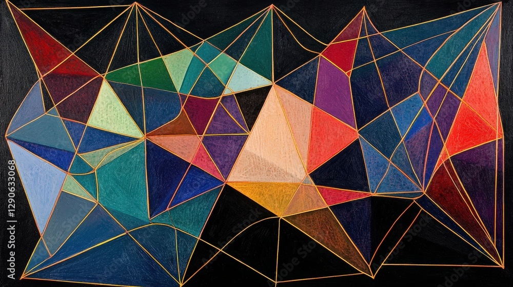 Poster a network of interconnected triangles, forming a geometric web with lines that stretch and bend at v