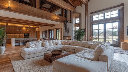 Bright Open Living Room With Spacious White Sectional Sofa and Scenic Views During Daylight in a Modern Countryside Home