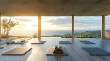Hotel rooftop yoga deck with panoramic views, stylish mats, and peaceful natural ambiance
