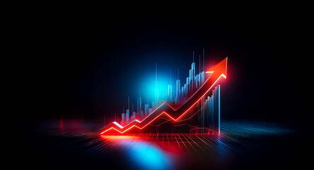 Bright red arrow dynamically points upwards, representing growth against a dark background with blue and red light streaks and bar elements.
