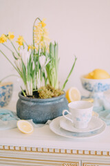 Lemon and Floral decor table, Italian Style Table Setting in Yellow and Blue