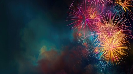 Fototapeta premium Vibrant fireworks display against dark night sky symbolizing new beginnings, dynamic burst of light captured with wide-angle lens, ample copy space for text or design elements.