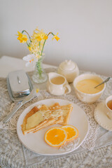 Rustic Breakfast with Crepes and Orange Cream  Cozy Morning Atmosphere