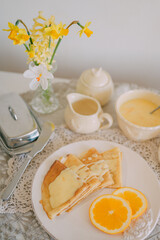 Rustic Breakfast with Crepes and Orange Cream  Cozy Morning Atmosphere