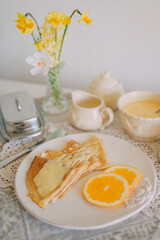 Rustic Breakfast with Crepes and Orange Cream  Cozy Morning Atmosphere