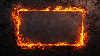 rectangular shape with fiery edges against dark background creates dramatic and intense visual. flames evoke sense of heat and energy, perfect for capturing attention
