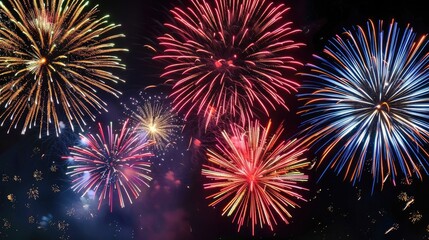 Fototapeta premium Vibrant fireworks display against dark night sky symbolizing new beginnings, dynamic burst of light captured with wide-angle lens, ample copy space for text or design elements.