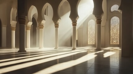 Elegant architectural interior with arches and soft light rays