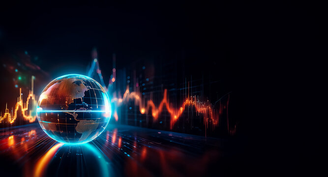 A glowing globe with continents is positioned against a backdrop of vibrant, dynamic data waves in orange and blue hues, set on a dark background creating a futuristic digital abstract scene.