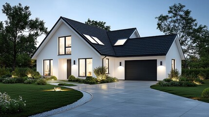 Modern house, twilight, driveway, landscape, real estate
