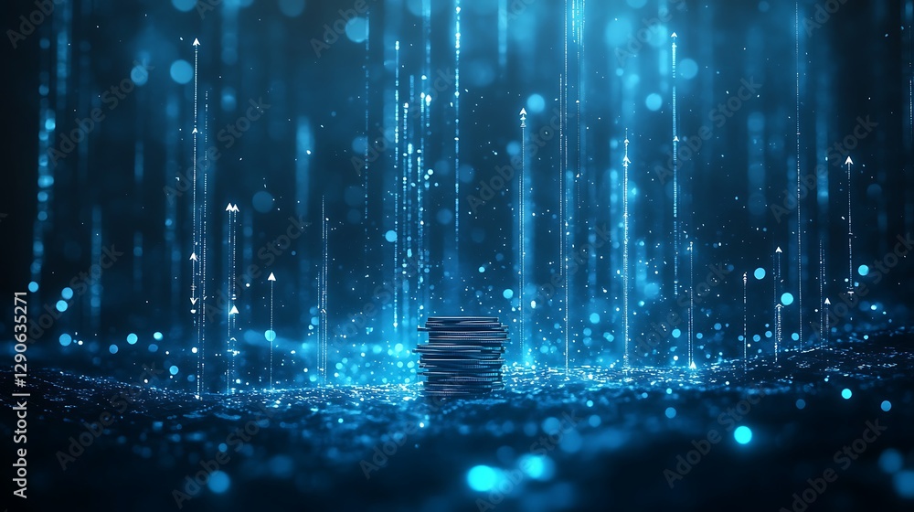 Poster digital stack of coins in blue light, a stack of coins illuminated by a blue digital background with