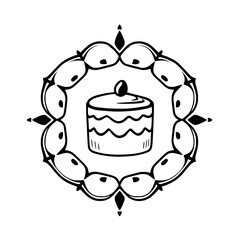 A cake Illustration of a cake, surrounded by a floral and gem-like black and white frame.