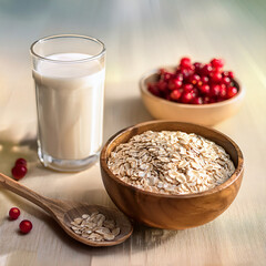 Wooden Bowl of Raw Oats with a Spoon, Glass of Milk, and Fresh Red Berries on a Light Wooden Table