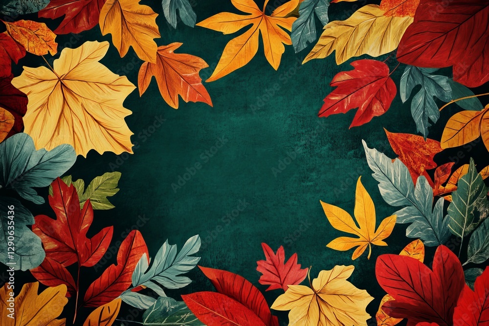 Poster colorful autumn leaves creating a vibrant border around a textured green background in an artistic d