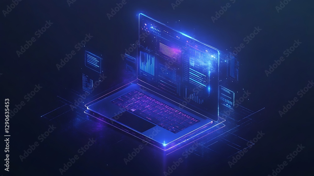 Poster futuristic laptop with data visualizations, a futuristic laptop with glowing graphics and data visua