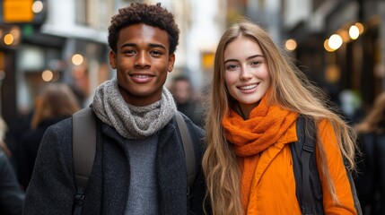 Happy Diverse Young Couple Walking in City Street