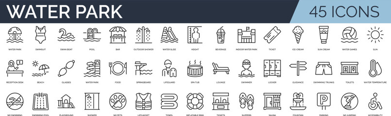 Set of 45 outline icons related to water park. Linear icon collection. Editable stroke. Vector illustration