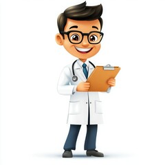 Fototapeta premium Young doctor character smiling while holding a clipboard in a cheerful, animated style