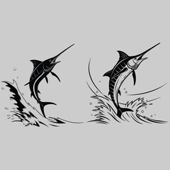 a swordfish cutting through water silhouette vector design art and illustration