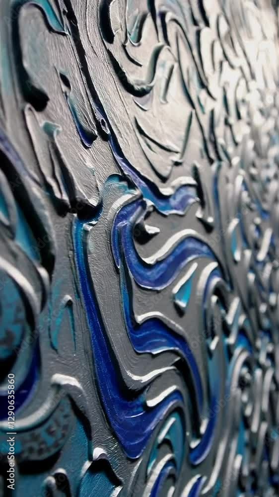Poster abstract textured surface with blue metallic swirls in dynamic perspective shift