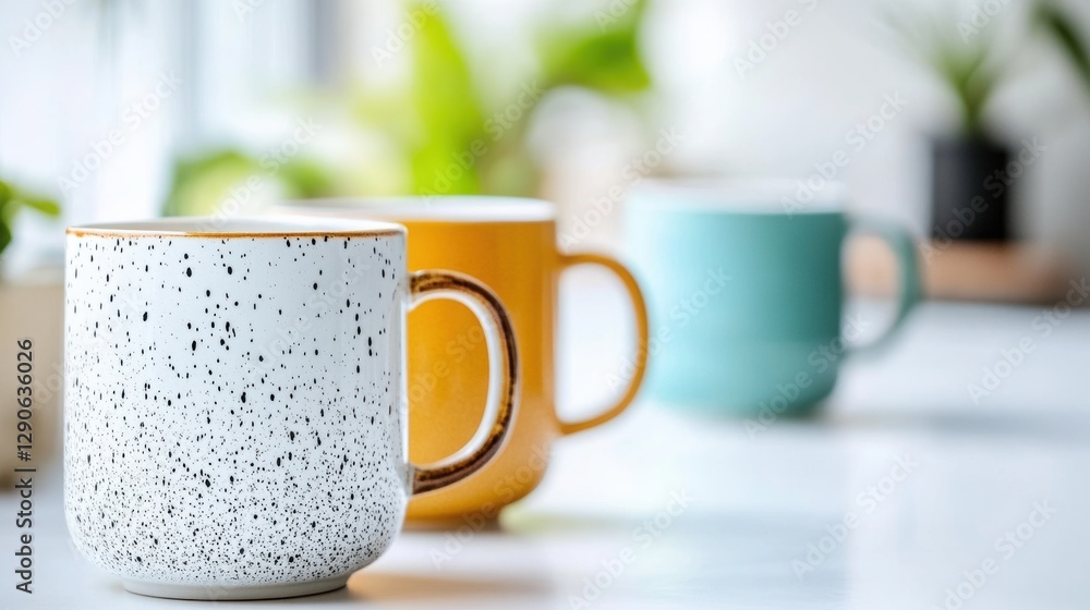 Poster stylish cups on a clean table, white background for text.
