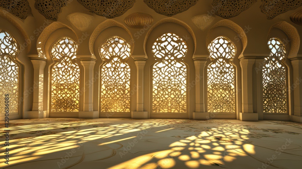 Poster intricate architectural design with ornate windows and light patterns