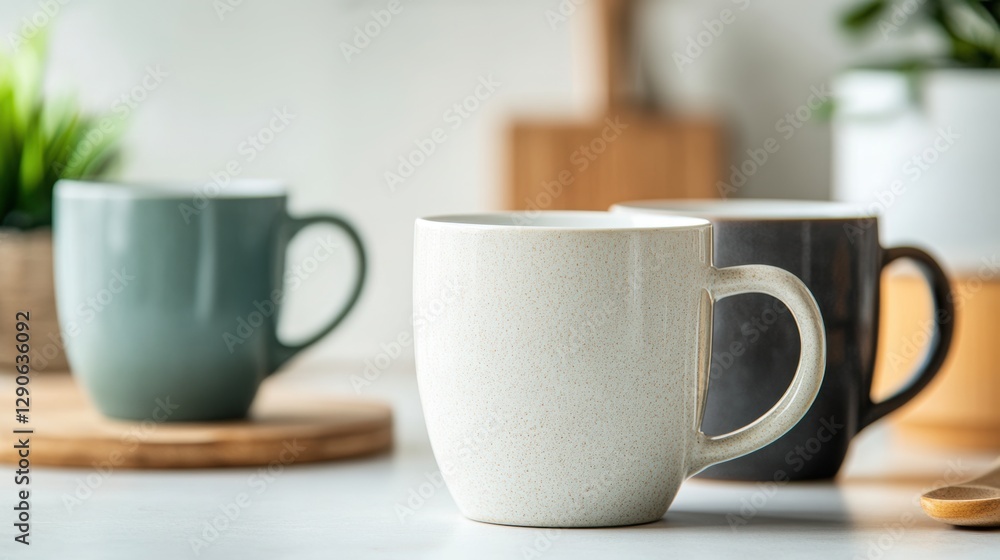 Poster stylish cups on a clean table, white background for text.