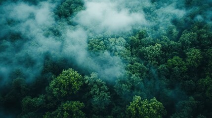 Aerial view of a dense, green forest shrouded in fog, from a top-down perspective