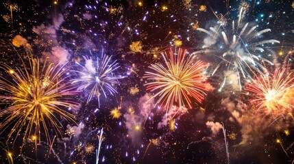 Fototapeta premium Vibrant fireworks display against dark night sky symbolizing new beginnings, dynamic burst of light captured with wide-angle lens, ample copy space for text or design elements.