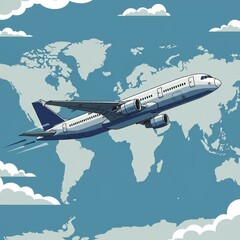 Fototapeta premium Airplane Illustration Over World Map Background - Aviation Travel Concept with Clouds and Sky