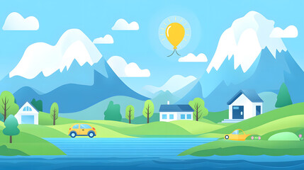 Fototapeta premium A simple, flat vector illustration of a landscape with mountains, a car, and a house on a blue background 