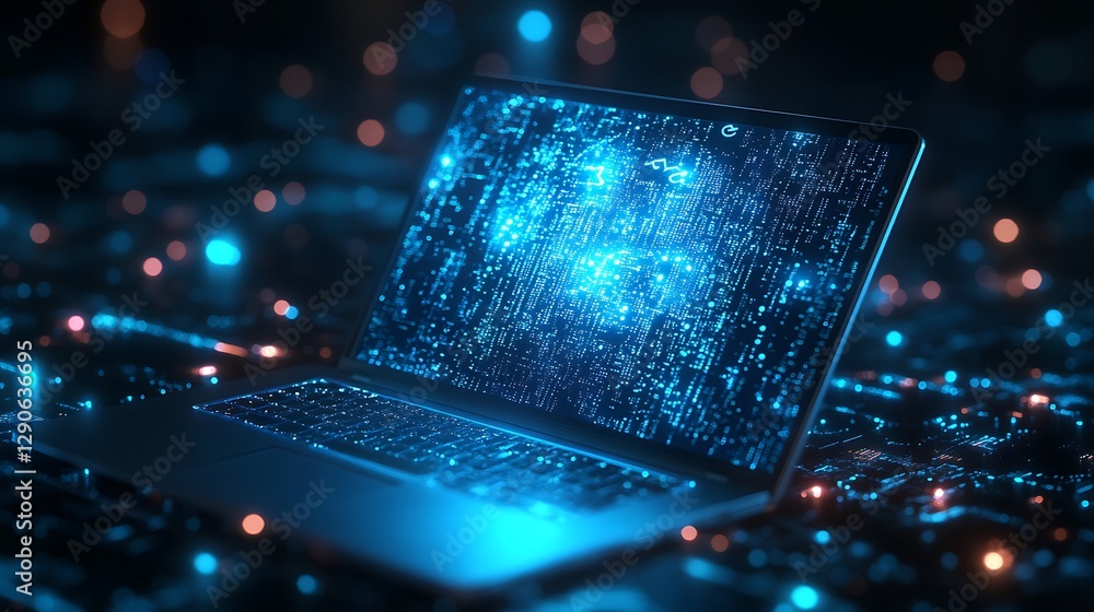 Poster futuristic laptop with data visualizations, a futuristic laptop with glowing graphics and data visua