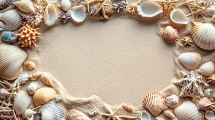 Obraz premium A collection of seashells are arranged on a sandy beach
