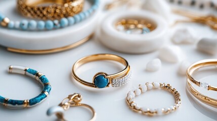 Fashion accessories, like serious rings, laid out on a clean background. 