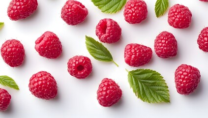 Fresh raspberries with leaves on white background (1)