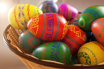 Colored easter eggs in a basket close-up. 3D rendering illustration.