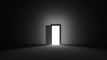 An open door with bright light streaming into a very dark room. 3D rendering illustration