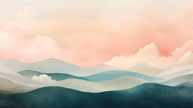 abstract landscape with rolling hills and soft clouds, creating a calming, dreamlike scenery 