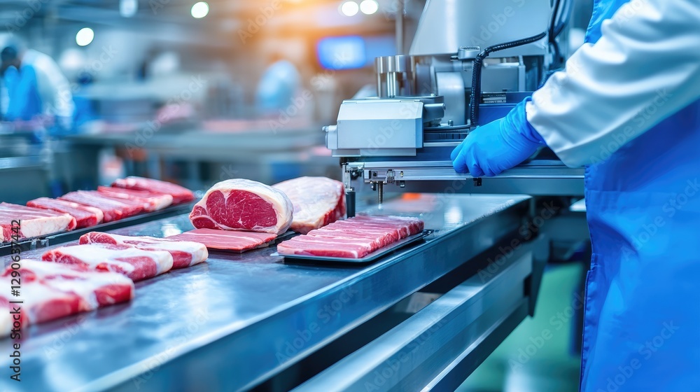 Poster meat processing factory with automated slicing and packaging machines in operation
