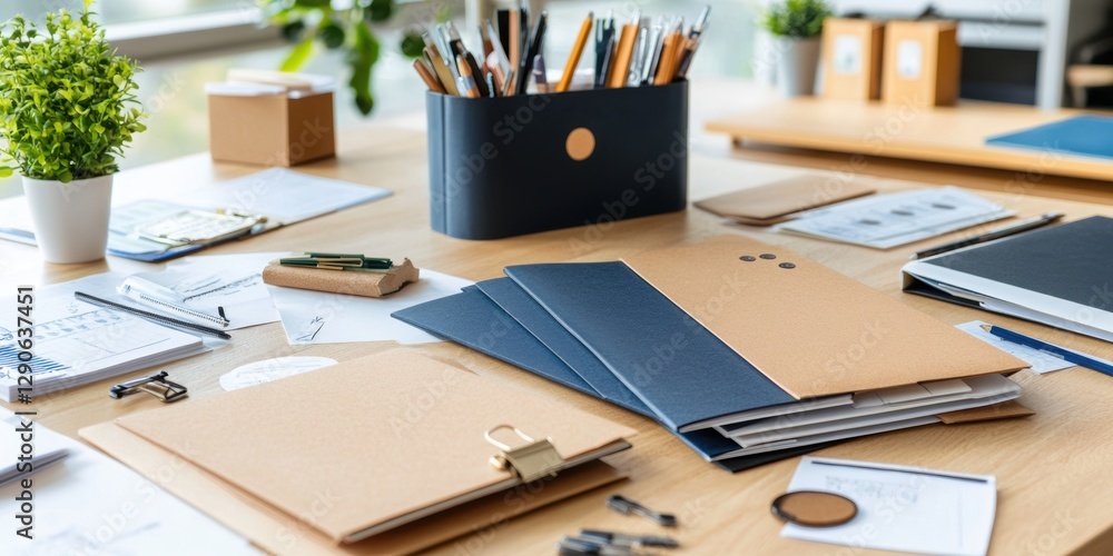 Poster office folders with details on the seams and spread out on the table.