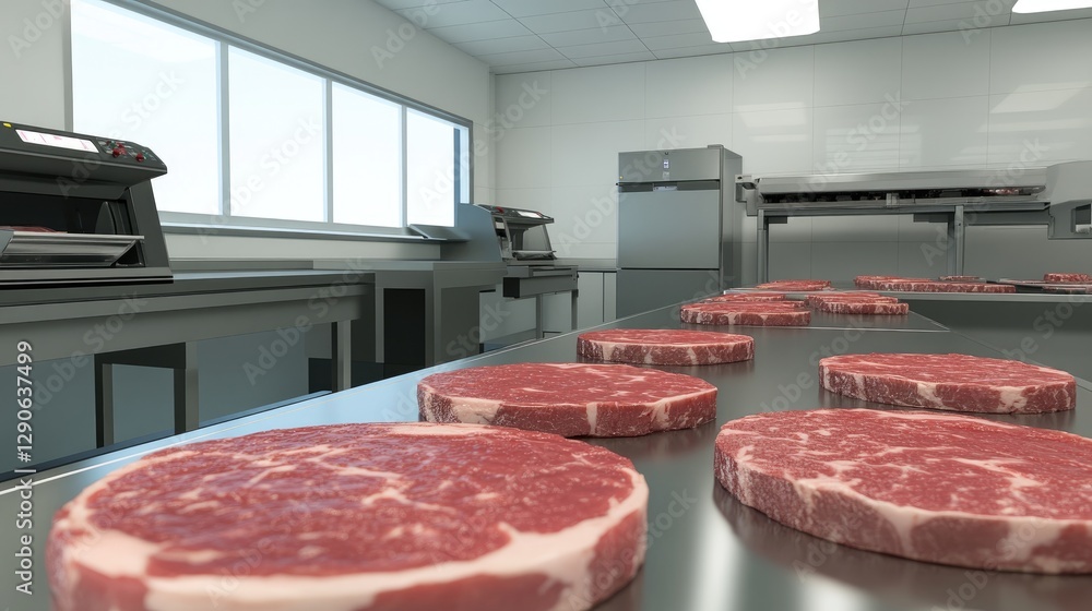 Poster meat processing factory with automated slicing and packaging machines in operation