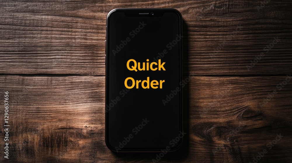 Poster minimalist flat lay with a smartphone screen featuring a quick order meal selection option