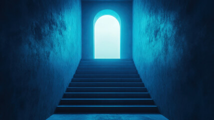 staircase leading to bright, glowing door creates serene atmosphere. blue light enhances sense of mystery and tranquility in this architectural space