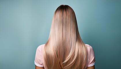 Fototapeta premium Hair care banner. Light, airy hair on a pastel background. Back view. A gentle style that emphasizes lightness, care, and freshness, with free space for text