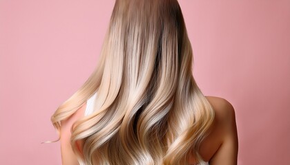 Fototapeta premium Hair care banner. Light, airy hair on a pastel background. Back view. A gentle style that emphasizes lightness, care, and freshness, with free space for text