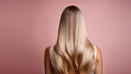 Fototapeta premium Hair care banner. Light, airy hair on a pastel background. Back view. A gentle style that emphasizes lightness, care, and freshness, with free space for text