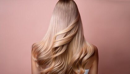 Naklejka premium Hair care banner. Light, airy hair on a pastel background. Back view. A gentle style that emphasizes lightness, care, and freshness, with free space for text