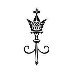 Royal Torch: Black silhouette of a crown topped with a cross, combined with a scepter-like design and elegant curls.