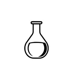 A bold outline depiction of a laboratory flask containing liquid, isolated on a white background.