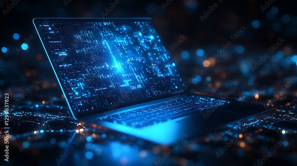 Poster futuristic laptop with data visualizations, a futuristic laptop with glowing graphics and data visua